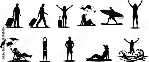Vacation silhouette collection of beach activities including surfing, sunbathing, relaxing, and travel poses for tourism, holiday, and leisure design.