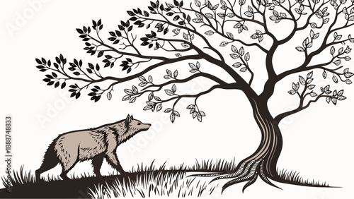 Wolf Gazing at Tree A Silhouette of Natures Harmony.