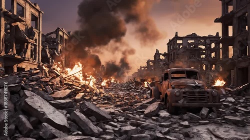 War Destruction Cityscape Buildings on Fire Rubble.
