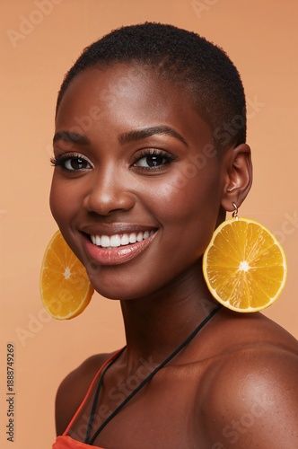 Portrait of smiling black woman with short hair wearing large orange slice earrings vibrant citrus fruit accessories against warm peach background bright natural skin and cheerful expression