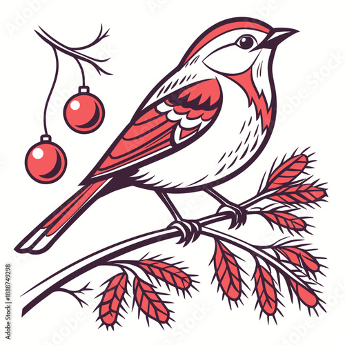 Festive Bird Perched on Branch with Christmas Ornaments.