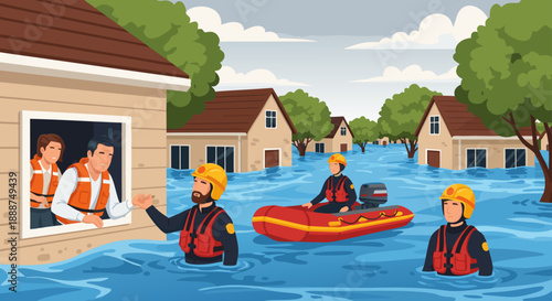 Disaster relief rescue operation in flooded neighborhood vector illustration showing emergency responders helping people