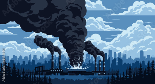 Dark smoke billows from industrial factory chimneys against a cityscape and sky, a powerful industrial vector illustration