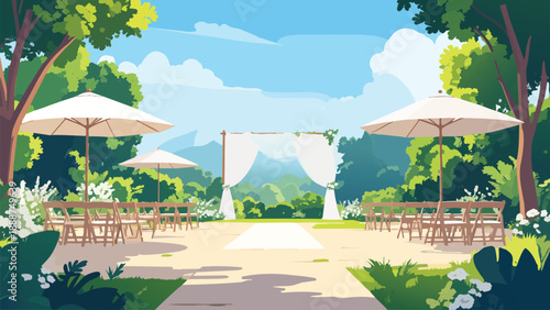Event stage decoration with umbrellas chairs fabrics in nature background