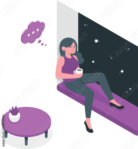 Woman relaxing on a purple couch under the stars with a cup of coffee in hand, lost in thought