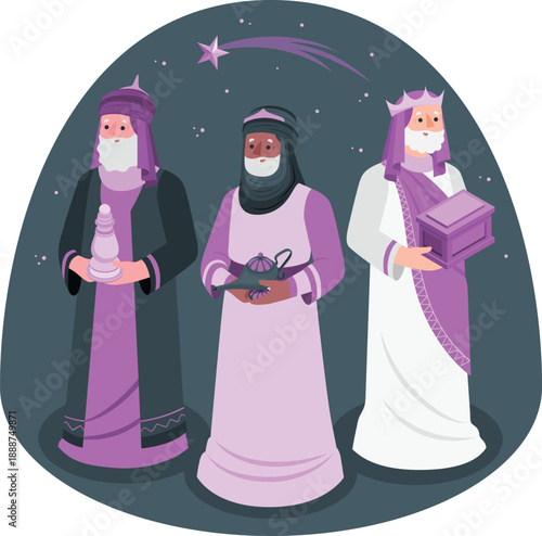 Three wise men standing together, holding gifts, under a starry night sky