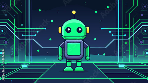 Funny 3d cartoon android character with a green alien monster face standing by a robot with spaceship vector illustration for a science technology business sign