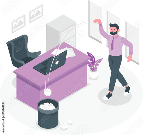 Man in office throws papers in trash can near desk with laptop and chair