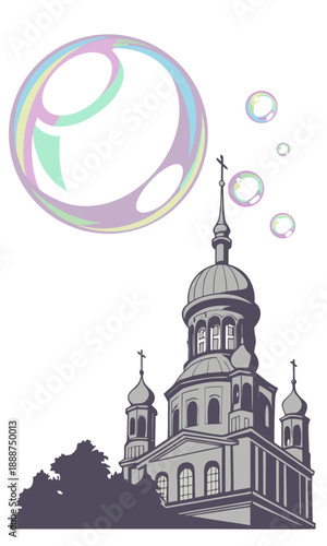Orthodox Church and Bubbles A Serene Architectural Illustration.