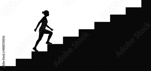Black female silhouette climbing stairs representing career growth success and progress concept isolated on white background