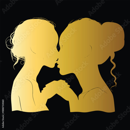 Golden female silhouette couple kissing representing love intimacy and romantic relationship concept on black background