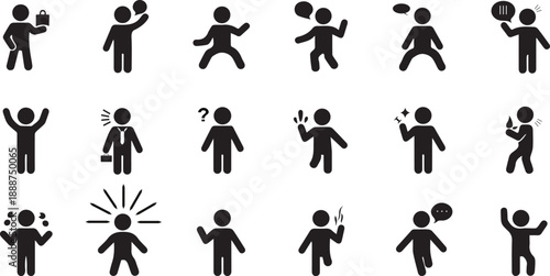 Black human pictogram icon sheet showing emotions communication reactions and social interaction symbols isolated on white background