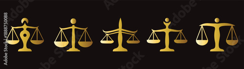 Golden justice scale icons representing law balance fairness and legal system concept on dark background