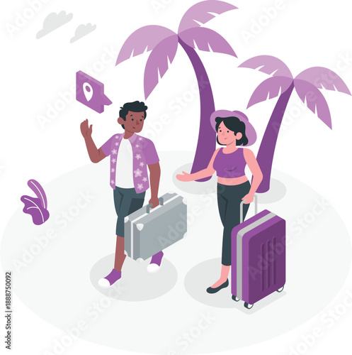 Couple arriving at a tropical destination with luggage, enjoying a serene atmosphere and palm trees