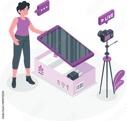 A woman interacts with a large smartphone displaying a live video feed while a camera captures the scene on a tripod nearby