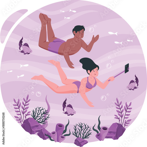 Couple taking selfie while snorkeling in ocean surrounded by fish and seaweed from aerial view