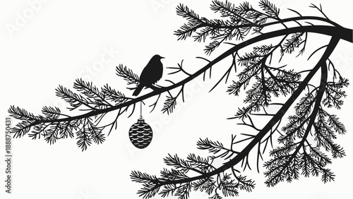 Silhouette of a Bird on a Branch with Ornament.
