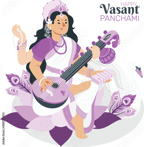 Woman playing veena on lotus flower, serene illustration of Hindu goddess Saraswati celebrating Vasant Panchami