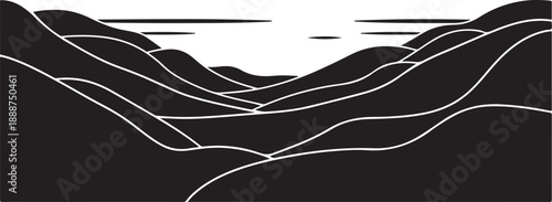 Minimalist black and white landscape with wavy lines illustration