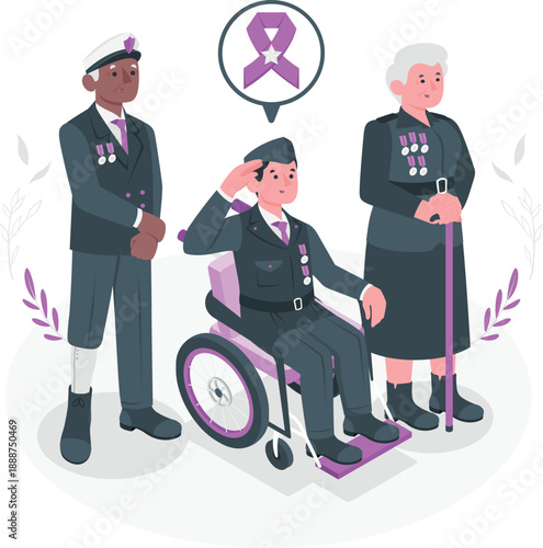 Veterans paying respect to a wounded comrade on International Veterans Day, illustrated scene