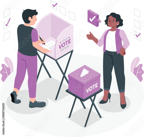 People casting their votes in an election, standing near a ballot box and voting booth in a public setting