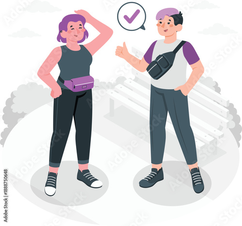 Two people standing together, one confused and the other giving guidance, in a casual setting, from a straightforward viewpoint, in an illustrative style