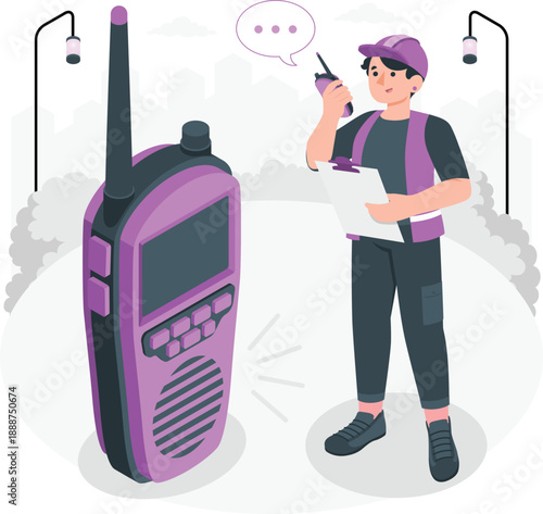 Man using walkie talkie and holding documents outdoors with communication device standing nearby