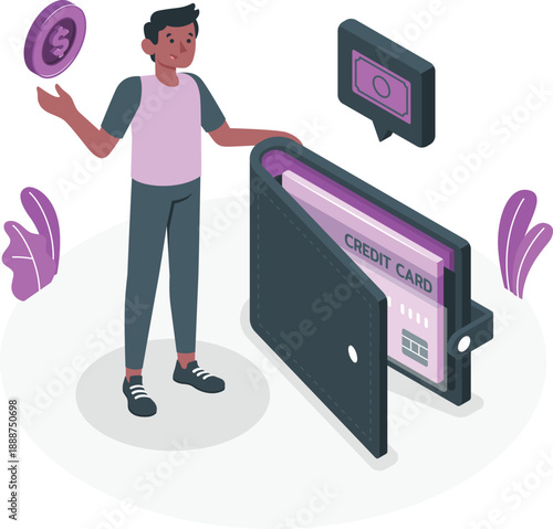 A young man holding a coin and standing next to an open wallet with a credit card inside