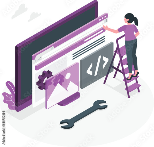 Woman designing website on large computer screen with coding symbols and tools nearby, standing on ladder, creative workspace scene illustration