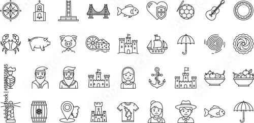 Hand drawn lifestyle and travel line icons set with food animals buildings people nautical and cultural symbols