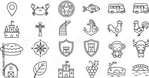 Cute travel and lifestyle line icons set with animals castles transport food nature and nautical symbols