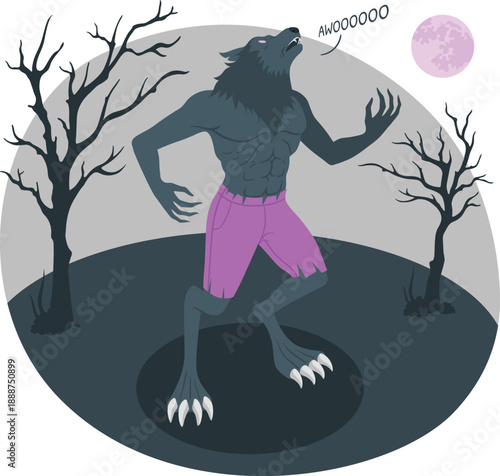 A werewolf howls at the full moon standing on its hind legs in a desolate landscape surrounded by bare trees