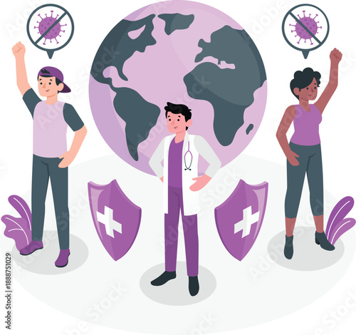 Healthcare professionals standing together united against global pandemic threats with protective shields and virus symbols