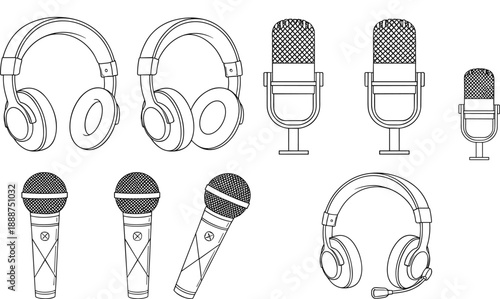 Audio equipment line icons set with microphones headphones podcast recording studio sound and broadcasting symbols