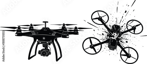 Modern quadcopter drone flying and crashing, dramatic black and white illustration showing aerial technology, surveillance, and mechanical failure