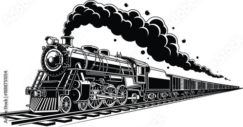 Powerful vintage steam locomotive pulling long train on railway tracks with dramatic smoke, detailed black and white illustration