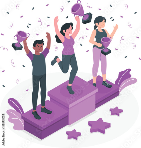 Three athletes celebrating victory on a purple podium with trophies in hand amidst confetti and stars