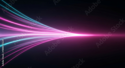 Futuristic fiber optic data streams in pink and blue glowing neon light lines on black background