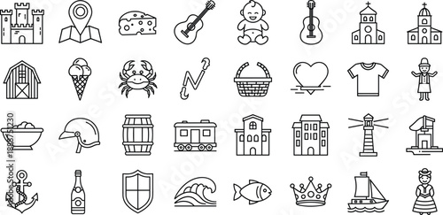 Hand drawn line icons set with travel food music animals castles transport and lifestyle symbols collection
