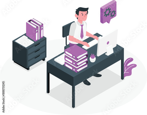 A man working on a computer surrounded by stacks of documents and files in an office setting from a high viewpoint