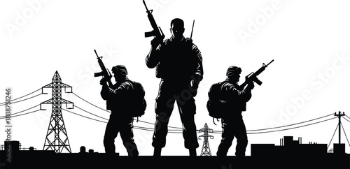 Armed Soldiers Silhouette with Rifles Standing in Urban Battlefield Near Power Lines, Military Security and Tactical Operations Concept
