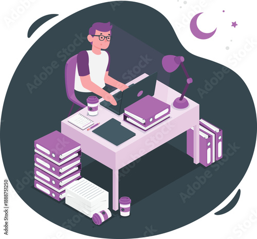 Man working late at night on a laptop surrounded by books and papers on a desk
