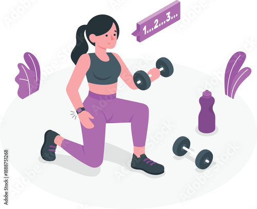 Woman exercising with dumbbells in a dynamic pose, showcasing fitness and strength in an illustration