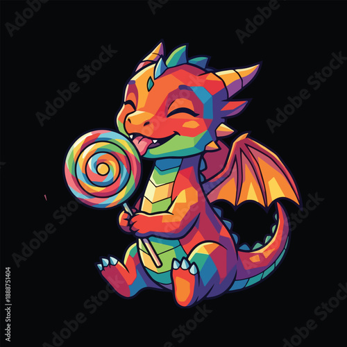 Cute Geometric Rainbow Dragon Enjoying a Swirly Lollipop