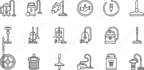 Vacuum cleaner icons set with parts, accessories, HEPA filter, hose, nozzle, silhouette, outline style for cleaning equipment design