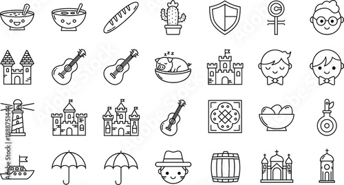Fairytale medieval line icons set with castles characters music food shields and fantasy storybook symbols