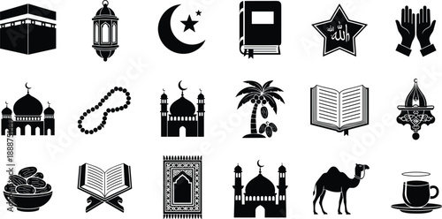 Islamic Religious Icon Set Featuring Kaaba, Quran, Mosque, Crescent Moon, Prayer Hands and Ramadan Symbols in Black Silhouette Style