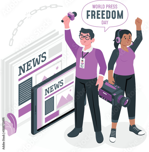 Journalists celebrating World Press Freedom Day with newspapers and microphones in hand