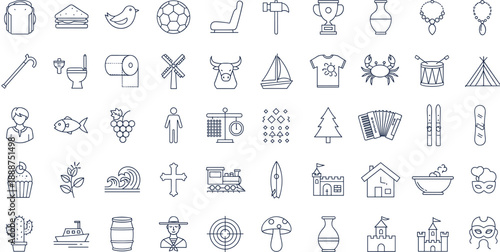 Universal line icons collection with travel food sports religion nature people objects and everyday symbols set