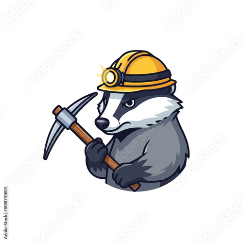Cartoon Badger Miner with Pickaxe and Helmet.